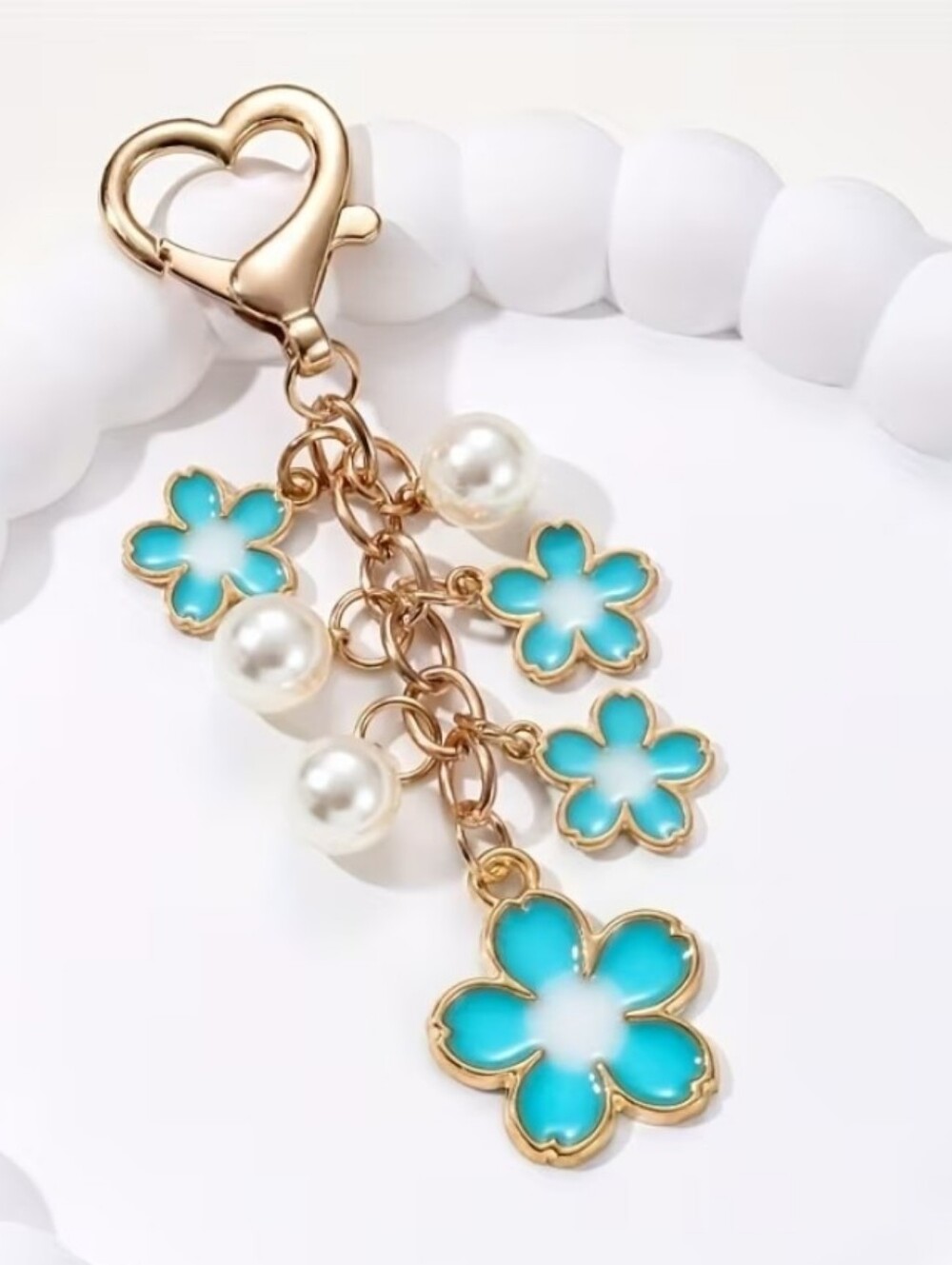 Gold-Tone Blue Flower Bag Charm/ Keychain with Faux Pearls